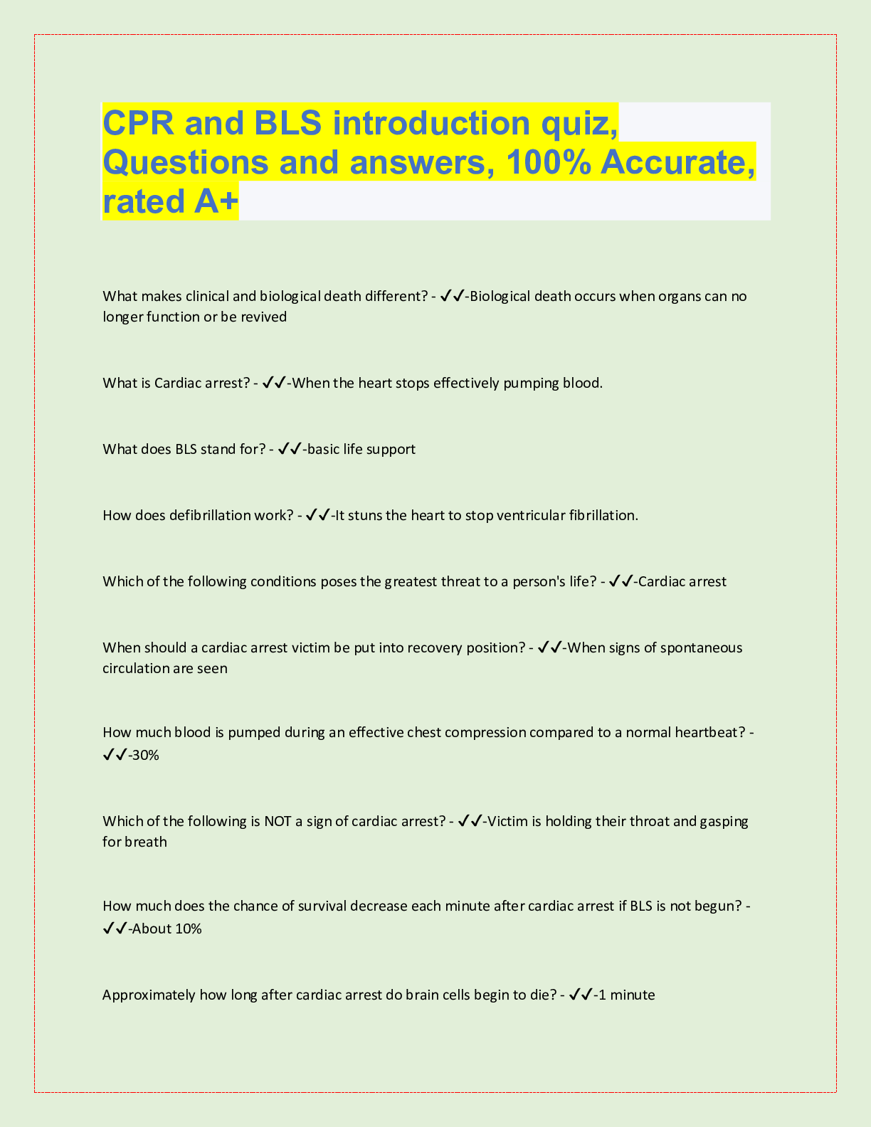 Preview image for CPR and BLS introduction quiz,  Questions and answers, 100% Accurate,  rated A+